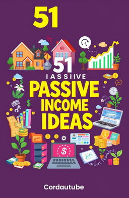 An illustrated guide featuring 51 unique passive income ideas, each presented in a visually engaging manner