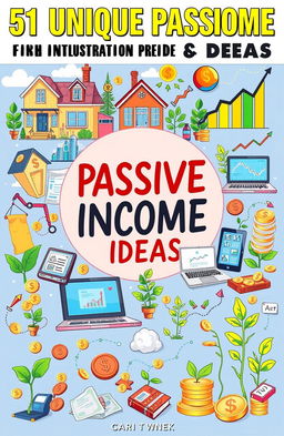 An illustrated guide featuring 51 unique passive income ideas, each presented in a visually engaging manner