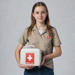 A poster featuring a realistic full-body image of the teen female from the fourth picture, exhibiting bravery, wearing simple clothes, earnest face, holding a first aid kit, prepared to assist others.