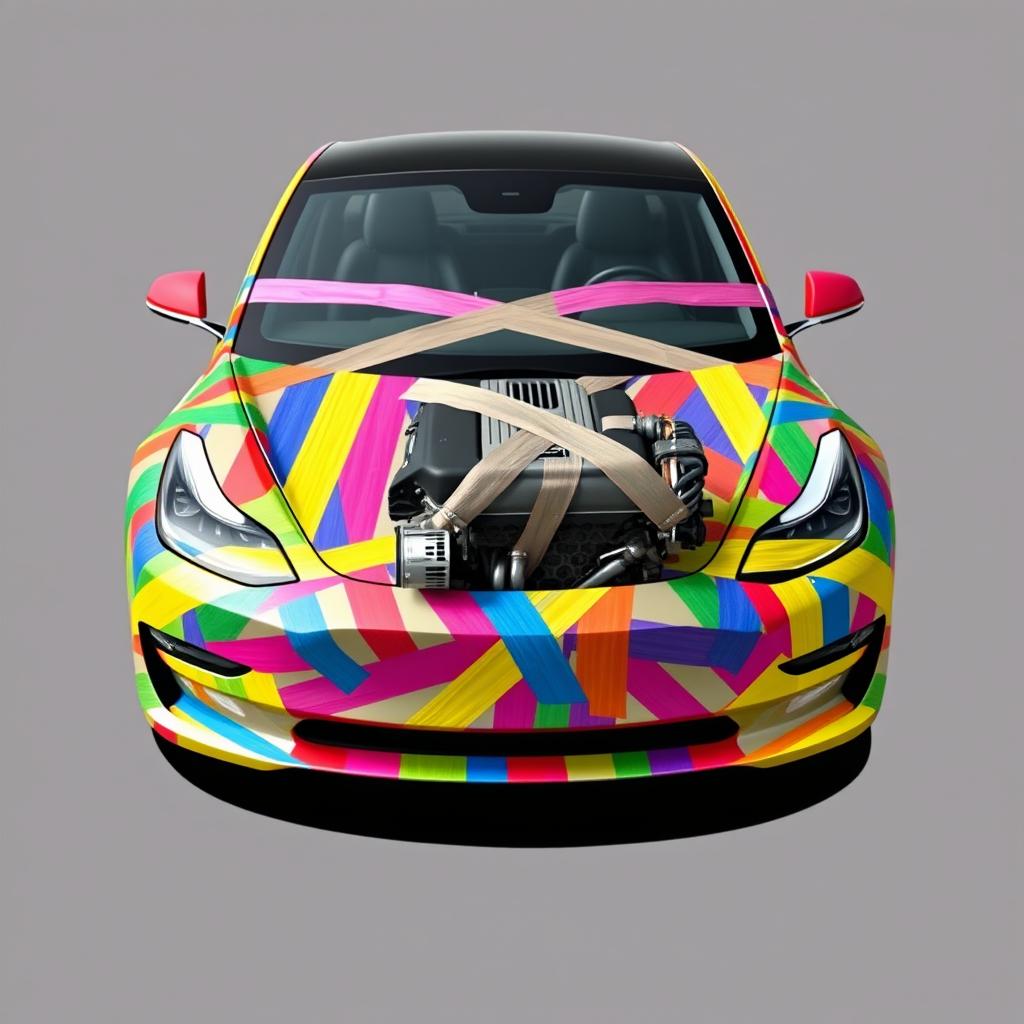 A Tesla Model 3 wrapped entirely in colorful duct tape, giving the illusion that the car is held together by the tape