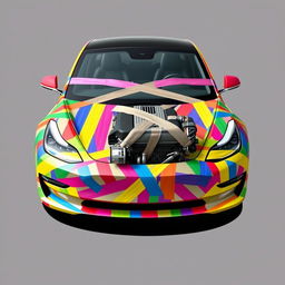 A Tesla Model 3 wrapped entirely in colorful duct tape, giving the illusion that the car is held together by the tape