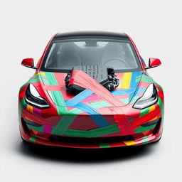 A Tesla Model 3 wrapped entirely in colorful duct tape, giving the illusion that the car is held together by the tape