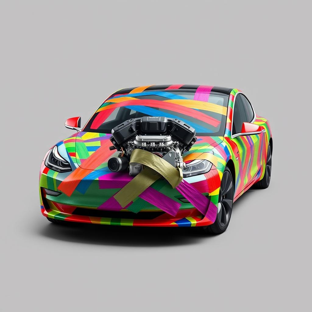 A Tesla Model 3 wrapped entirely in colorful duct tape, giving the illusion that the car is held together by the tape