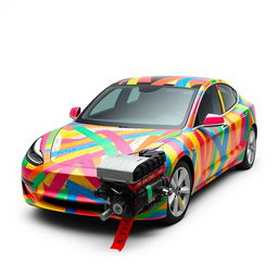 A Tesla Model 3 wrapped entirely in colorful duct tape, giving the illusion that the car is held together by the tape