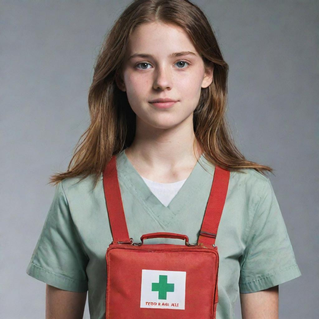 A poster featuring a realistic full-body image of the teen female from the fourth picture, exhibiting bravery, wearing simple clothes, earnest face, holding a first aid kit, prepared to assist others.