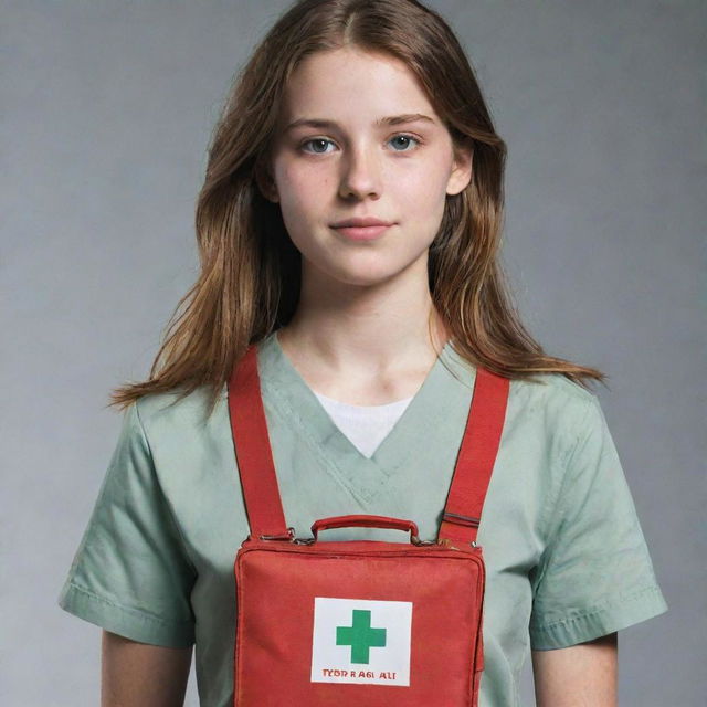 A poster featuring a realistic full-body image of the teen female from the fourth picture, exhibiting bravery, wearing simple clothes, earnest face, holding a first aid kit, prepared to assist others.