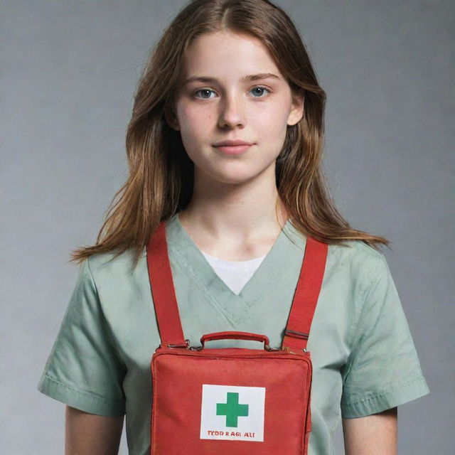 A poster featuring a realistic full-body image of the teen female from the fourth picture, exhibiting bravery, wearing simple clothes, earnest face, holding a first aid kit, prepared to assist others.