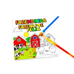 Children's coloring book cover titled "FAZENDINHA FELIZ" with an enchanting farm theme