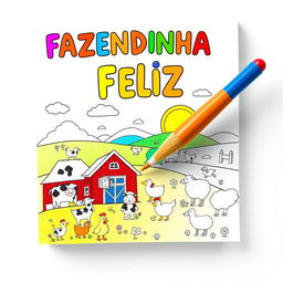 Children's coloring book cover titled "FAZENDINHA FELIZ" with an enchanting farm theme