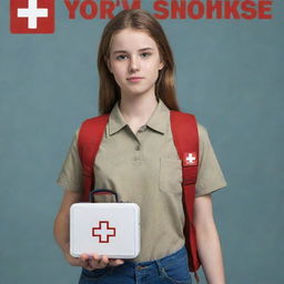 A poster featuring a realistic full-body image of the teen female from the fourth picture, exhibiting bravery, wearing simple clothes, earnest face, holding a first aid kit, prepared to assist others.