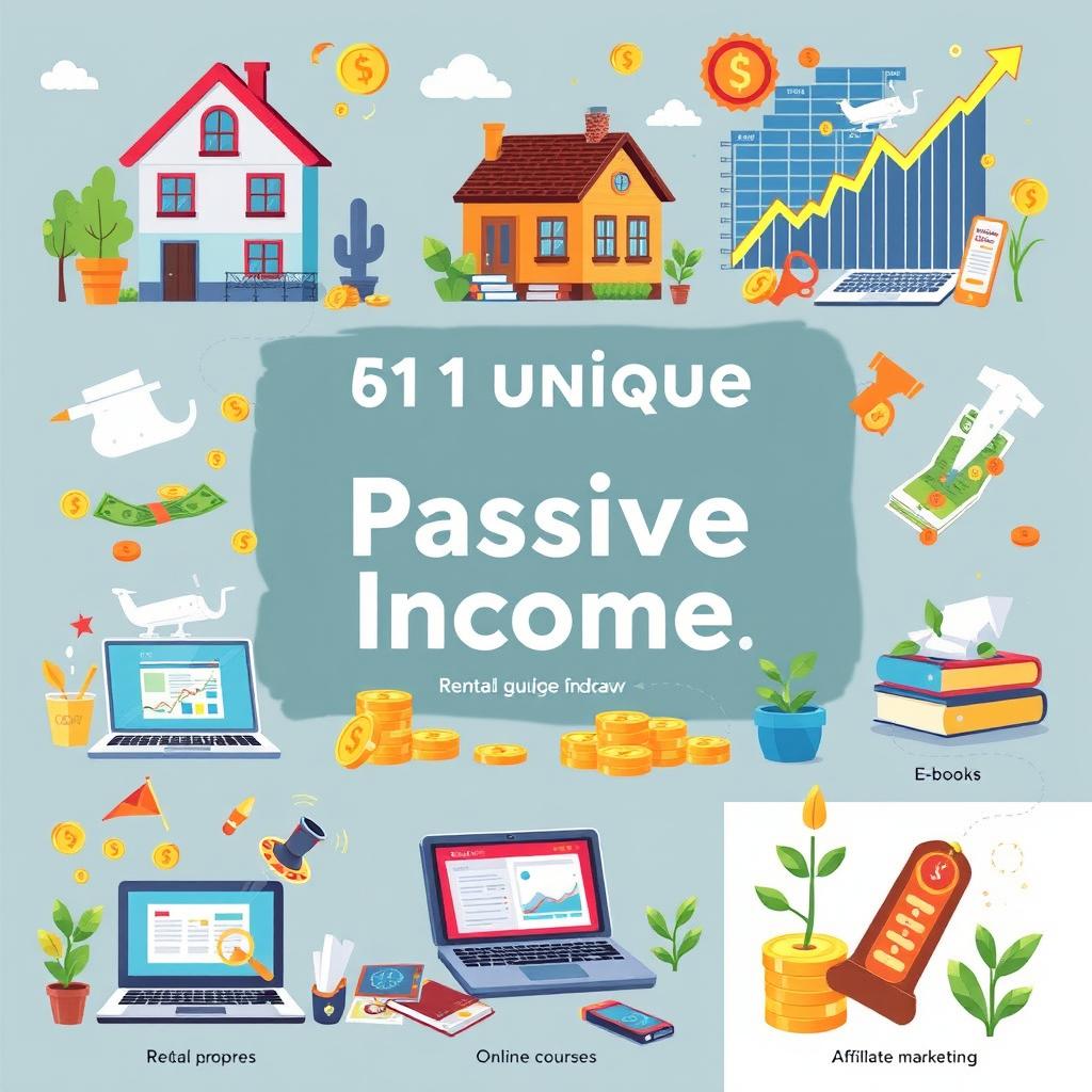 An illustrated guide featuring 51 unique passive income ideas, each presented in a visually engaging manner