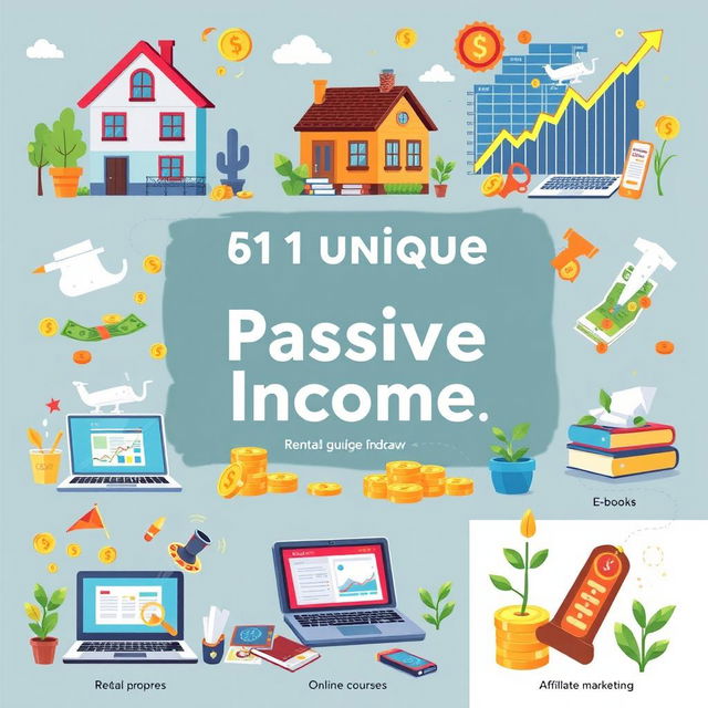 An illustrated guide featuring 51 unique passive income ideas, each presented in a visually engaging manner