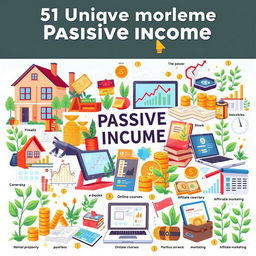 An illustrated guide featuring 51 unique passive income ideas, each presented in a visually engaging manner