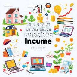 An illustrated guide featuring 51 unique passive income ideas, each presented in a visually engaging manner