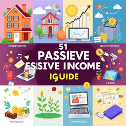 An illustrated guide featuring 51 unique passive income ideas, each presented in a visually engaging manner