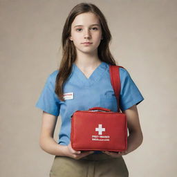 A poster featuring a realistic full-body image of the teen female from the fourth picture, exhibiting bravery, wearing simple clothes, earnest face, holding a first aid kit, prepared to assist others.