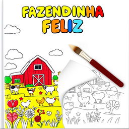 Children's coloring book cover titled "FAZENDINHA FELIZ" with an adorable farm theme