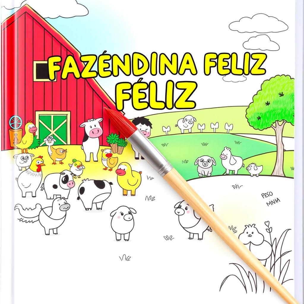 Children's coloring book cover titled "FAZENDINHA FELIZ" featuring an adorable farm theme