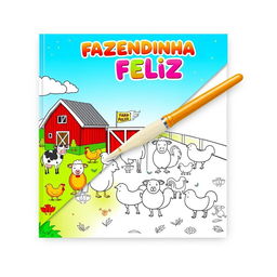 Children's coloring book cover titled "FAZENDINHA FELIZ" featuring an adorable farm theme