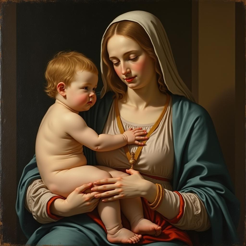 A painting depicting Mother Mary holding baby Jesus, with baby St