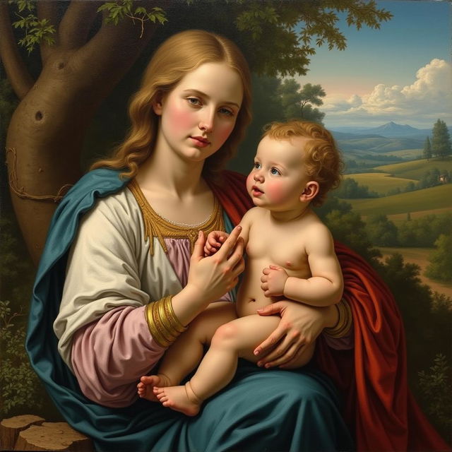 A painting featuring Mother Mary holding baby Jesus, accompanied by baby St