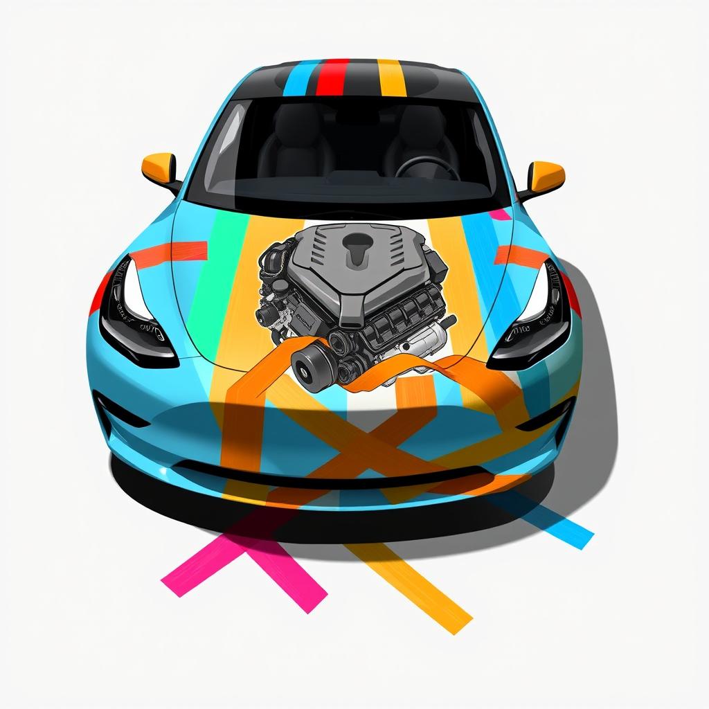 A 2D illustration of a Tesla Model 3 car designed to appear as if it's wrapped and held together by colorful duct tapes of various hues