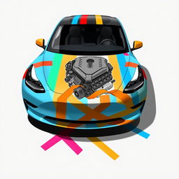 A 2D illustration of a Tesla Model 3 car designed to appear as if it's wrapped and held together by colorful duct tapes of various hues