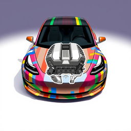 A 2D illustration of a Tesla Model 3 car designed to appear as if it's wrapped and held together by colorful duct tapes of various hues