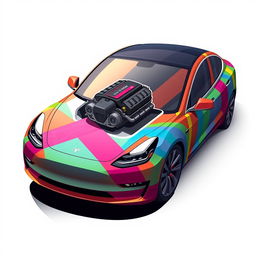 A 2D illustration of a Tesla Model 3 car designed to appear as if it's wrapped and held together by colorful duct tapes of various hues