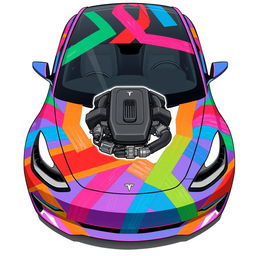 A 2D illustration of a Tesla Model 3 car designed to appear as if it's wrapped and held together by colorful duct tapes of various hues