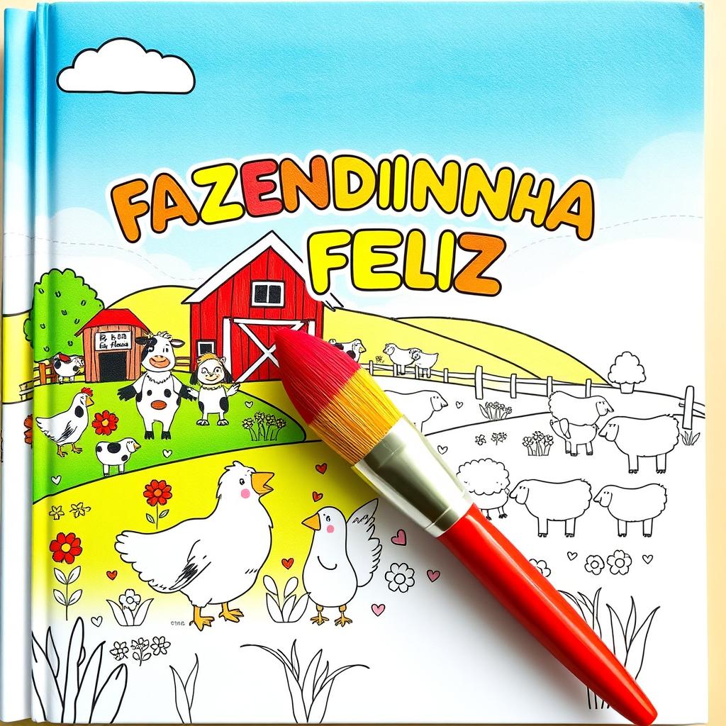 Children's coloring book cover titled "FAZENDINHA FELIZ" with a delightful farm theme