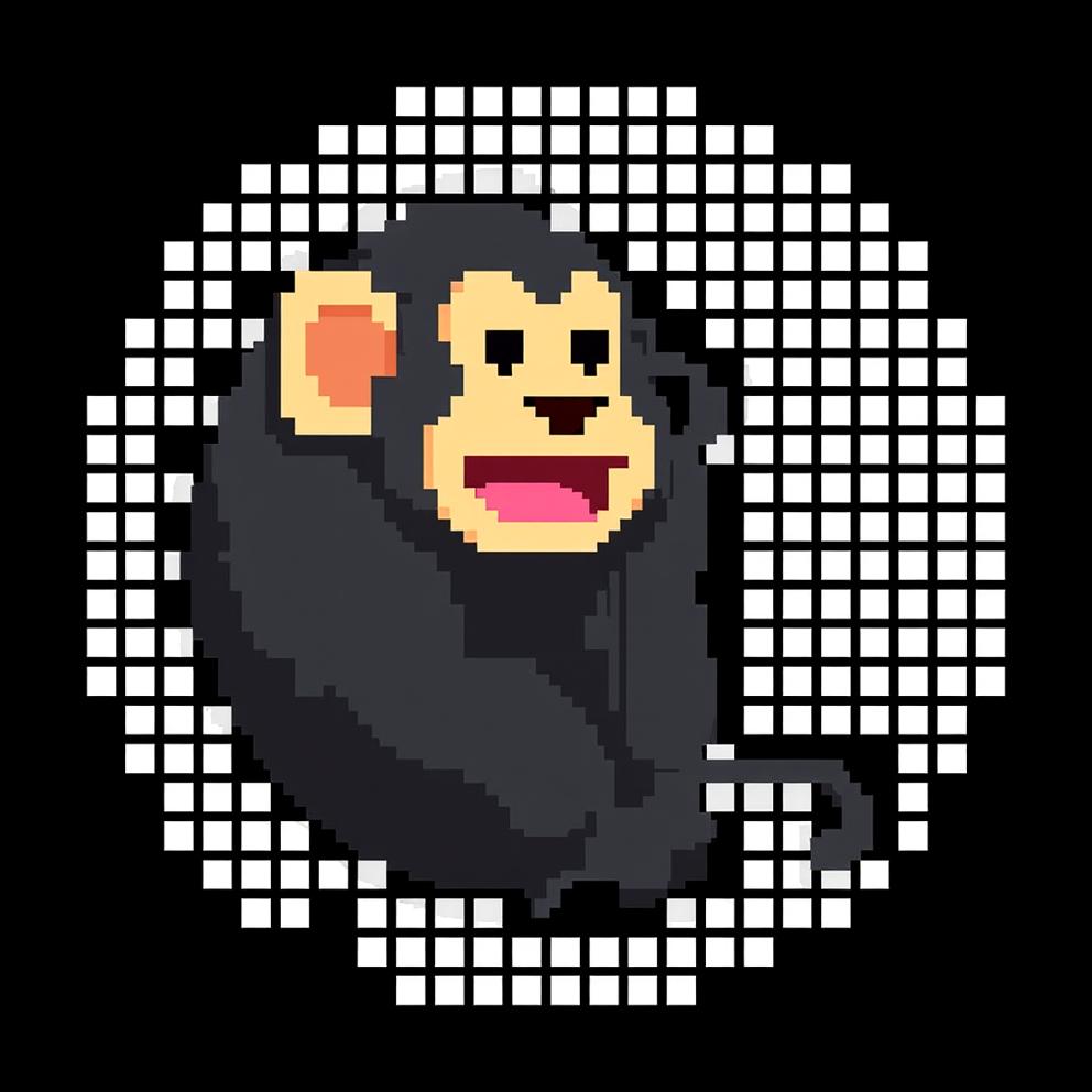 A simple pixel art design depicting a monkey with round ears and a long tail