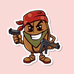 A bold and edgy sticker design featuring a coffee bean character dressed in a bandana and holding a toy gun