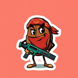 A bold and edgy sticker design featuring a coffee bean character dressed in a bandana and holding a toy gun