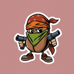 A bold and edgy sticker design featuring a coffee bean character dressed in a bandana and holding a toy gun