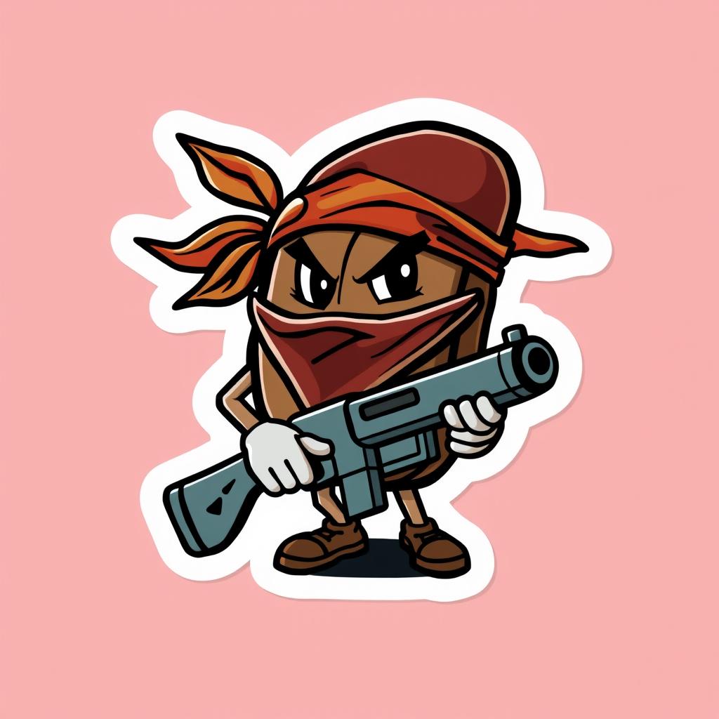 A bold and edgy sticker design featuring a coffee bean character dressed in a bandana and holding a toy gun