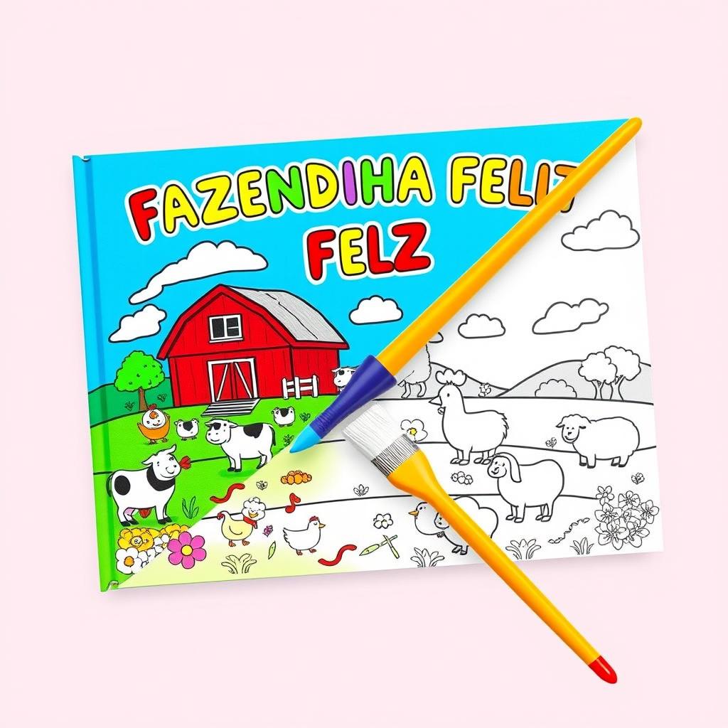 Children's coloring book cover titled "FAZENDINHA FELIZ" with a charming farm theme