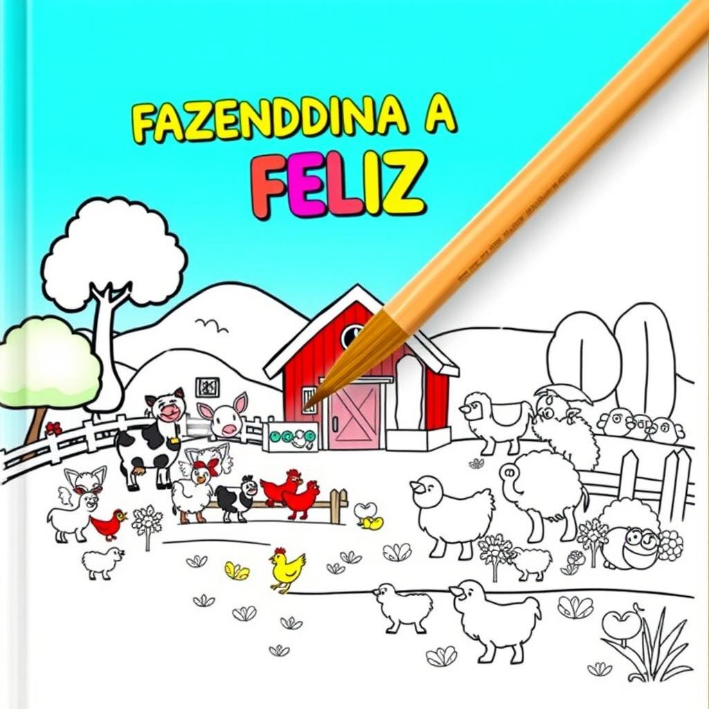 Children's coloring book cover titled "FAZENDINHA FELIZ" with an endearing farm theme