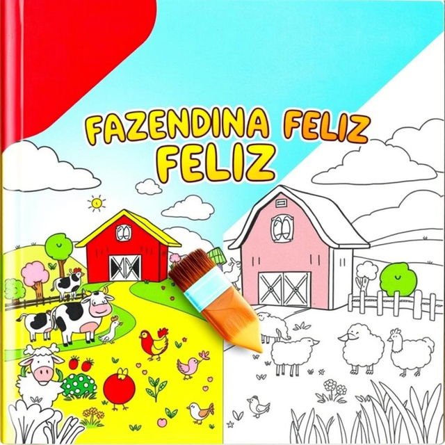 Children's coloring book cover titled "FAZENDINHA FELIZ" with an endearing farm theme