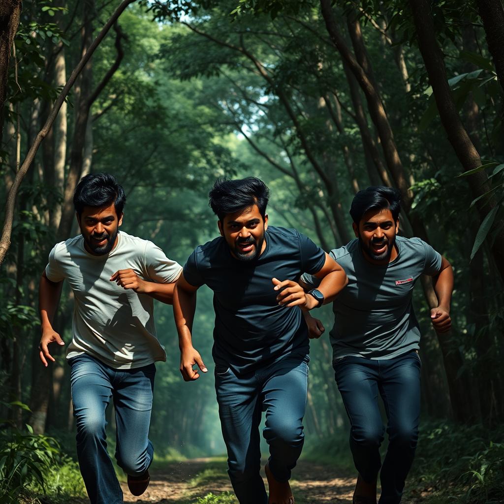 Three Indian men, between 25 to 30 years old, running through a dense forest, their faces filled with expressions of fear and panic