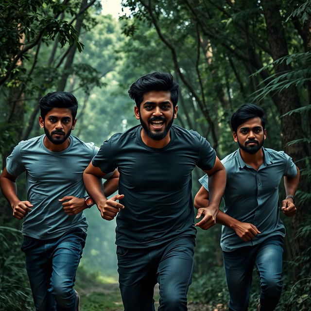 Three Indian men, between 25 to 30 years old, running through a dense forest, their faces filled with expressions of fear and panic