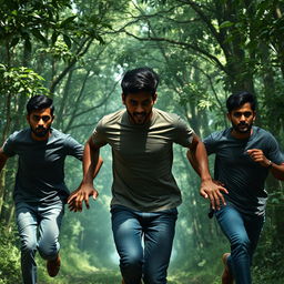 Three Indian men, between 25 to 30 years old, running through a dense forest, their faces filled with expressions of fear and panic