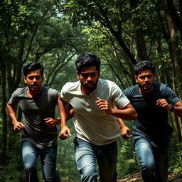 Three Indian men, between 25 to 30 years old, running through a dense forest, their faces filled with expressions of fear and panic