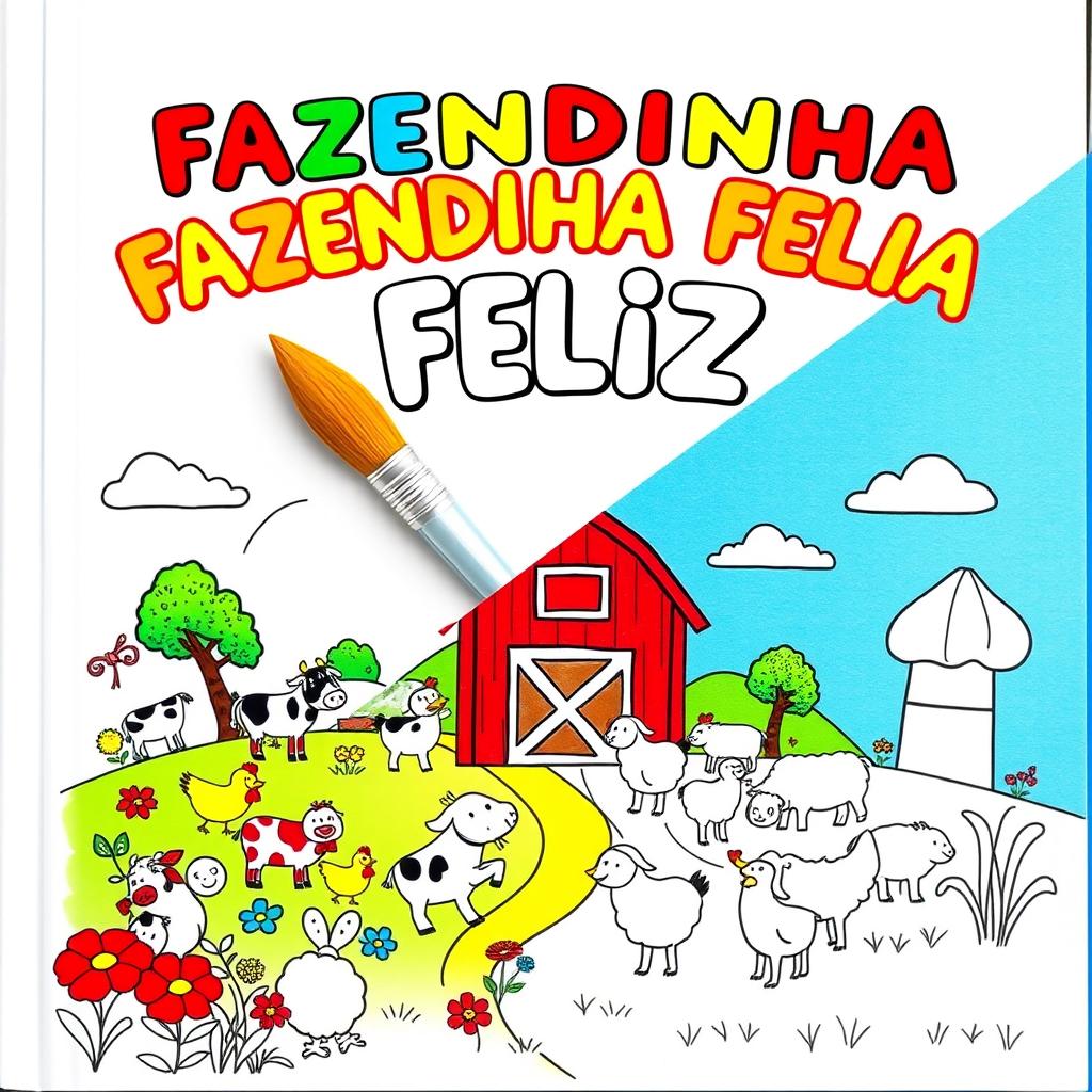 Children's coloring book cover titled "FAZENDINHA FELIZ" with an adorable farm theme