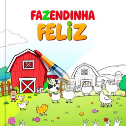 Children's coloring book cover titled "FAZENDINHA FELIZ" with an adorable farm theme