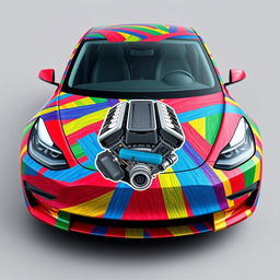 A creatively designed Tesla Model 3 wrapped in vibrant, colorful duct tapes