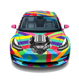 A creatively designed Tesla Model 3 wrapped in vibrant, colorful duct tapes