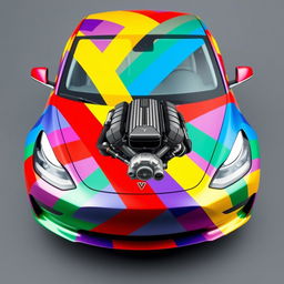 A creatively designed Tesla Model 3 wrapped in vibrant, colorful duct tapes