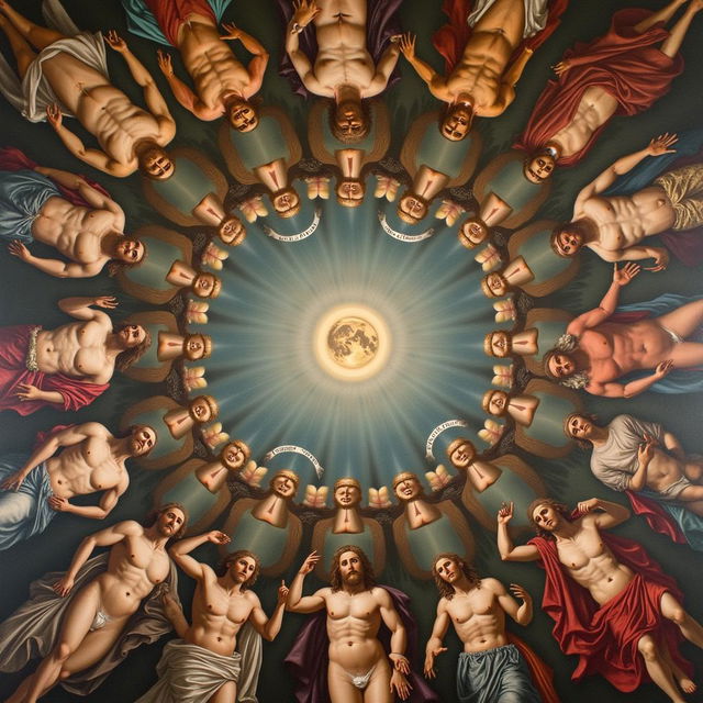 A painting of the Sistine Chapel ceiling reimagined in the style of Leonardo da Vinci