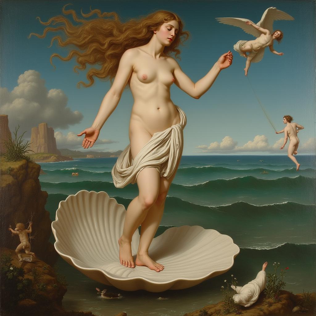 A painting of the Birth of Venus styled after Leonardo da Vinci, featuring Venus emerging gracefully from the sea, standing on a large seashell